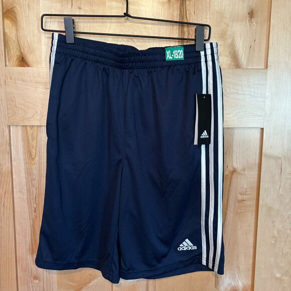 NWT Boys Adidas Athletic Shorts XL 18/20 Navy Blue White Stripes Basketball - Picture 1 of 8